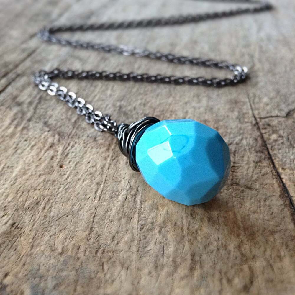 Turquoise December Birthstone Necklace Wire Wrap Faceted Glass Teardrop Charm